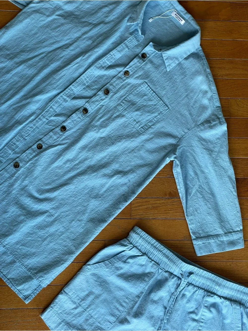 Blue Cotton Gauze Matching Lounge Set Button Front Top Shorts Size L